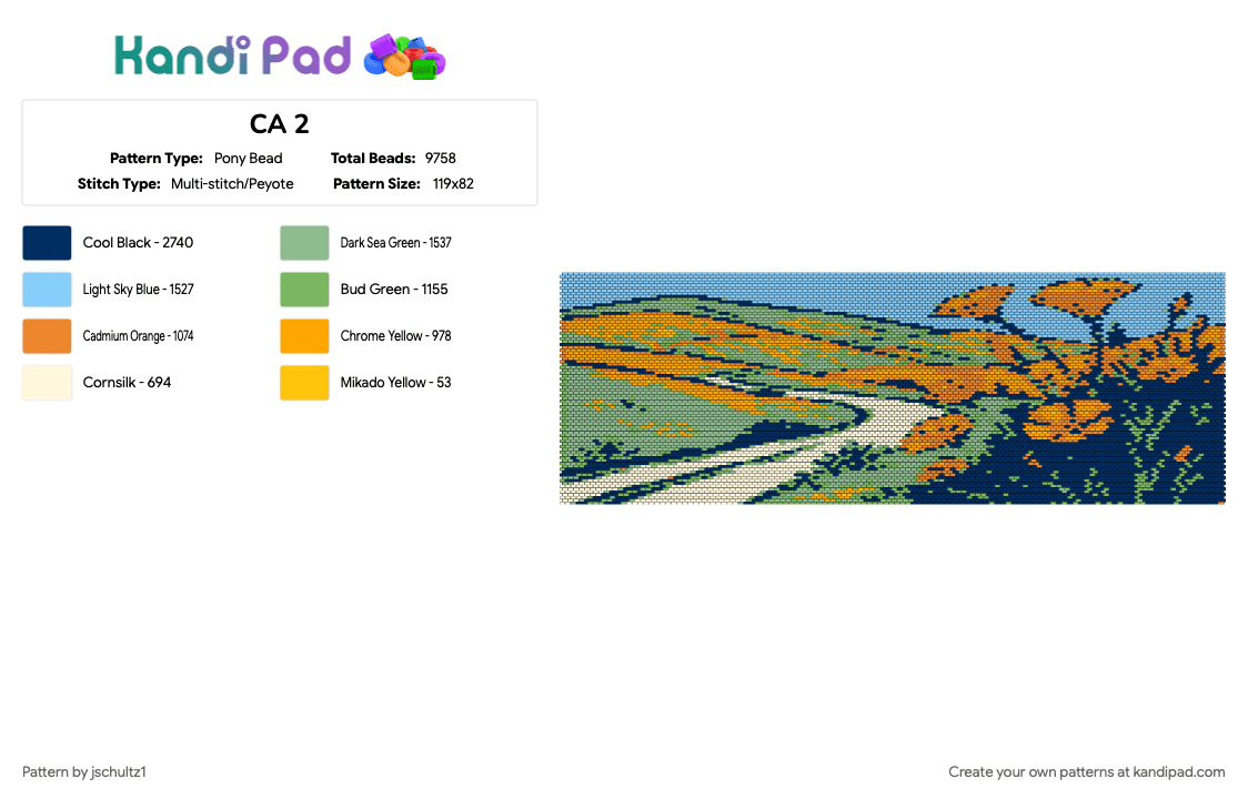 CA 2 - Pony Bead Pattern by jschultz1 on Kandi Pad - blue, light blue, orange, teal