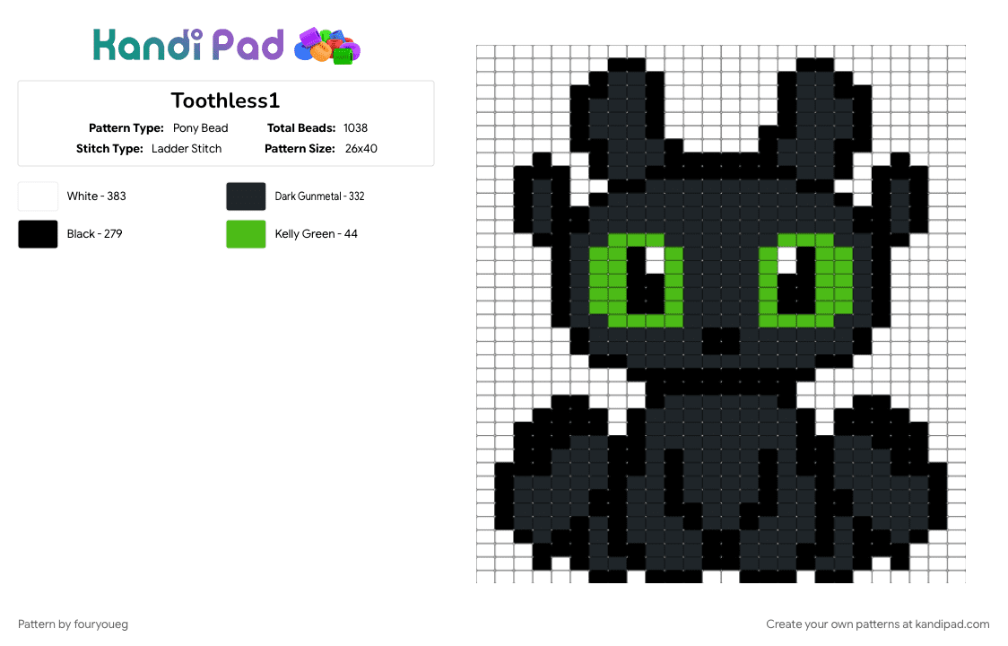 Toothless1 - Pony Bead Pattern by fouryoueg on Kandi Pad - white