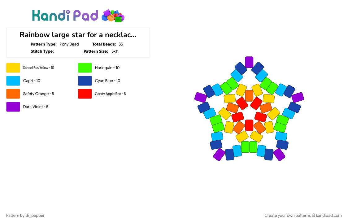 Rainbow large star for a necklace I wanted to make !! :3 - Pony Bead Pattern by dr_pepper on Kandi Pad - blue, colorful, green, kandi star, kidcore, large star, light blue, necklace charm, oc, rainbow, star necklace, yellow