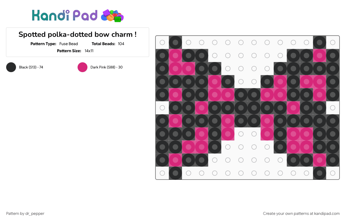 Spotted polka-dotted bow charm ! - Fuse Bead Pattern by dr_pepper on Kandi Pad - black, bow, charm, cotddots, hot pink, keychain, perler, pink
