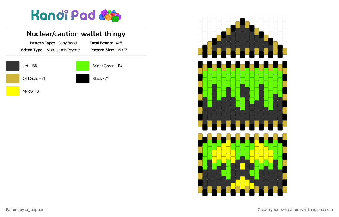 Nuclear/caution wallet thingy - Pony Bead Pattern by dr_pepper on Kandi Pad - caution, green, multistitch, nuclear, panel, peyote, wallet, yellow