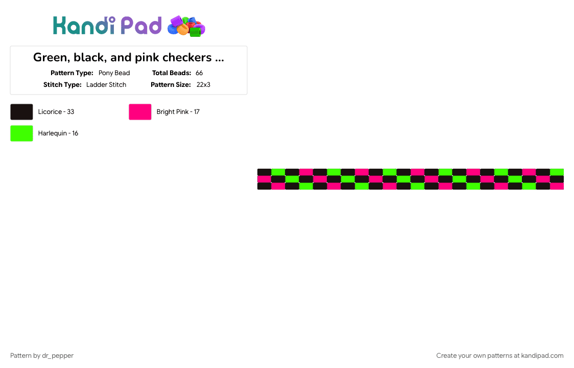 Green, black, and pink checkers ladder cuff!! - Pony Bead Pattern by dr_pepper on Kandi Pad - black, checkers, cotdscenekidfashion, green, invader zim, ladder cuff, neon, pink