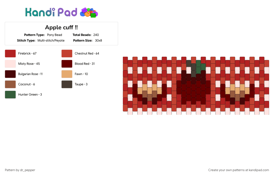 Apple cuff !! - Pony Bead Pattern by dr_pepper on Kandi Pad - apple, brown, cotdpicnic, cuff, food, multistitch cuff, picnic, red