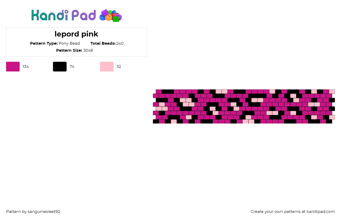 lepord pink - Pony Bead Pattern by sanguinesleet92 on Kandi Pad - animal print,leopard,spots,cuff,cheetah,pink