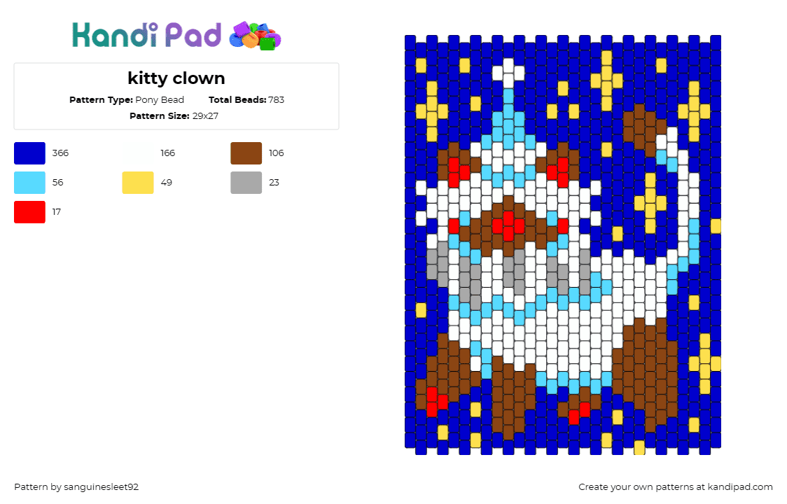 kitty clown - Pony Bead Pattern by sanguinesleet92 on Kandi Pad - clown,cat,party,sparkles,panel,animal,white,blue