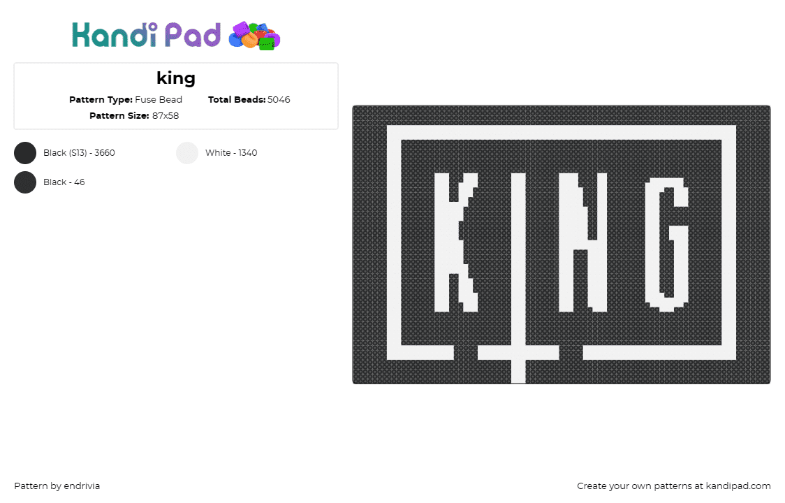 king - Fuse Bead Pattern by endrivia on Kandi Pad - sullivan king,logo,sign,dj,edm,music,guitar,metal,white,black