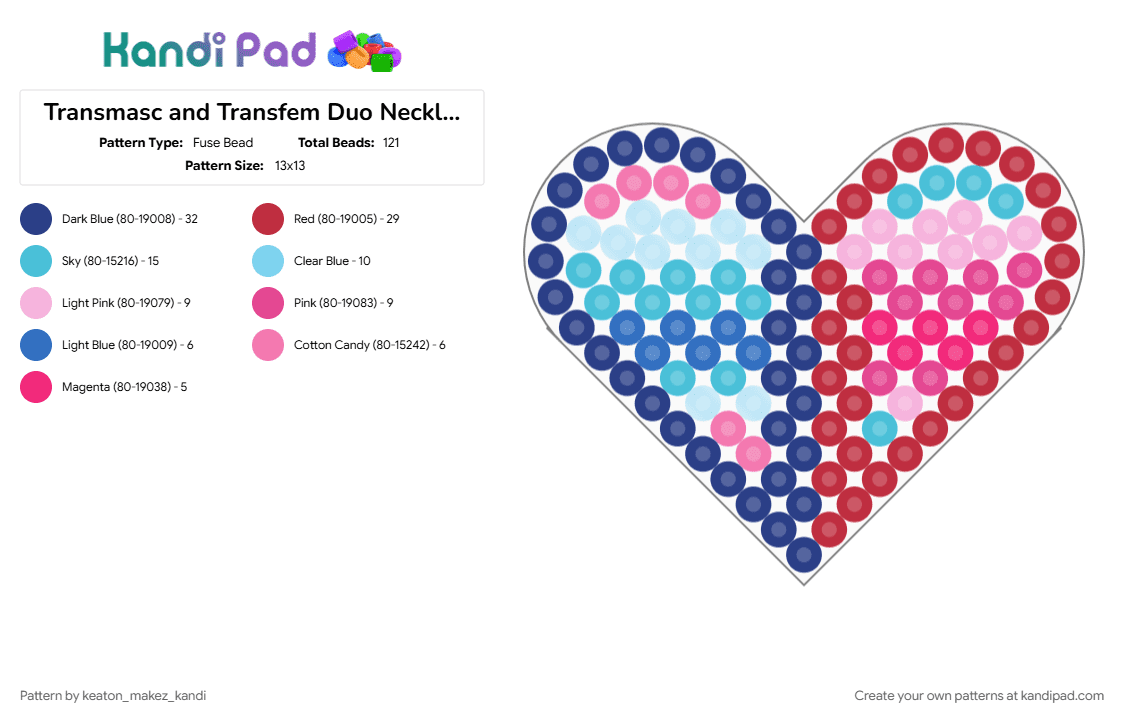 Transmasc and Transfem Duo Necklace Charms - Fuse Bead Pattern by keaton_makez_kandi on Kandi Pad - blue, charm, friendship, heart, pink, pride, red, trans, transgender