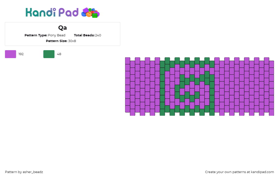 Qa - Pony Bead Pattern by asher_beadz on Kandi Pad - karl jacobs,mr beast,youtube,cuff,simple,purple,green