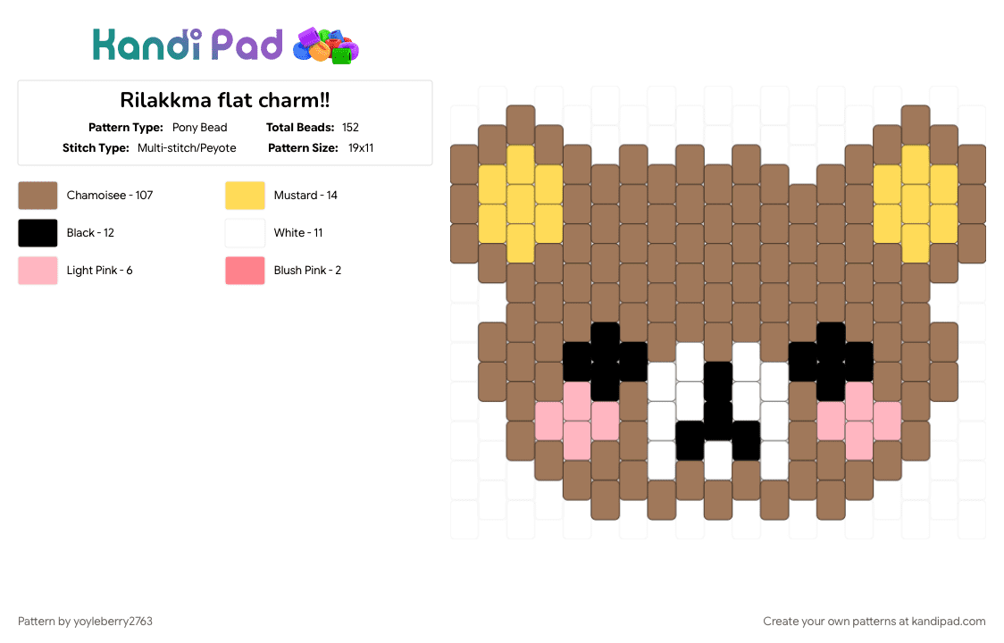 Rilakkma flat charm!! - Pony Bead Pattern by yoyleberry2763 on Kandi Pad - brown, pink, rilakkuma, san x, tan, white, yellow
