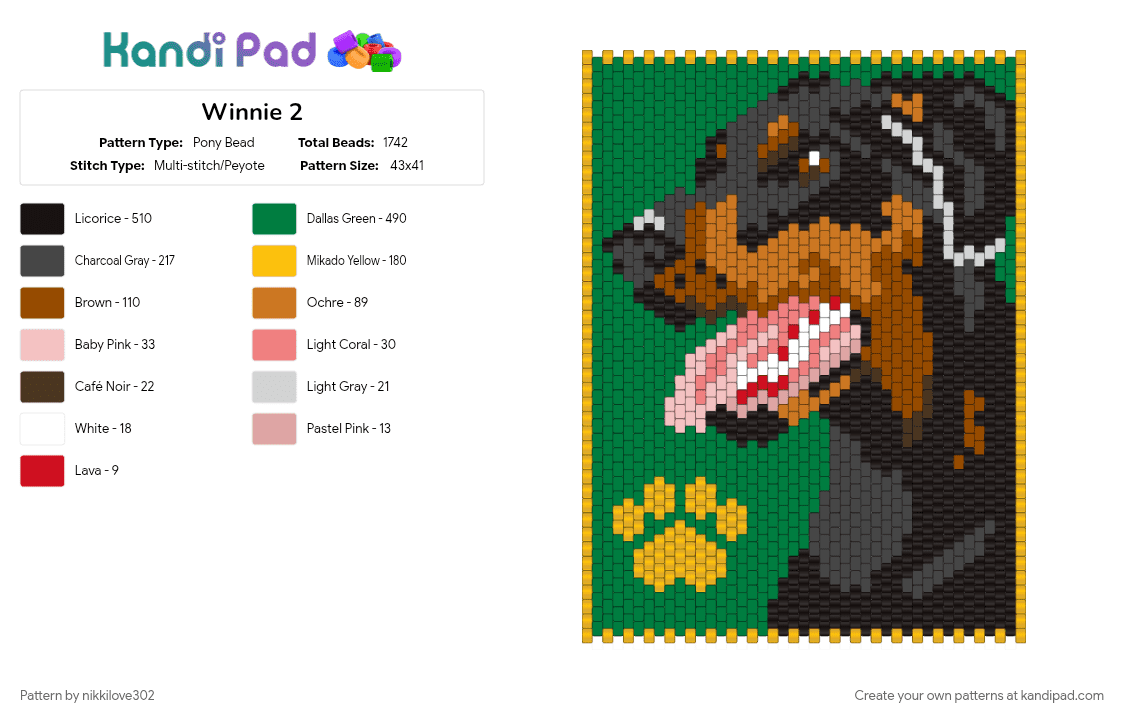 Winnie 2 - Pony Bead Pattern by nikkilove302 on Kandi Pad - brown, green