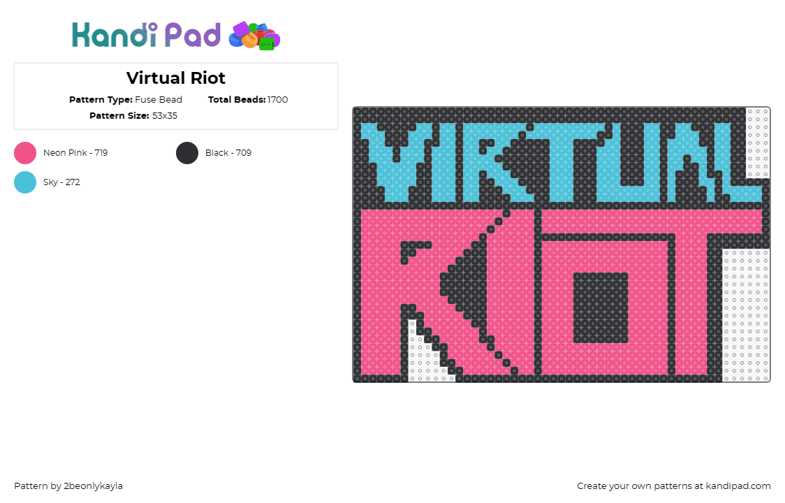 Virtual Riot - Fuse Bead Pattern by deleted_user_917234 on Kandi Pad - virtual riot,logo,dj,edm,music,text,light blue,pink,black
