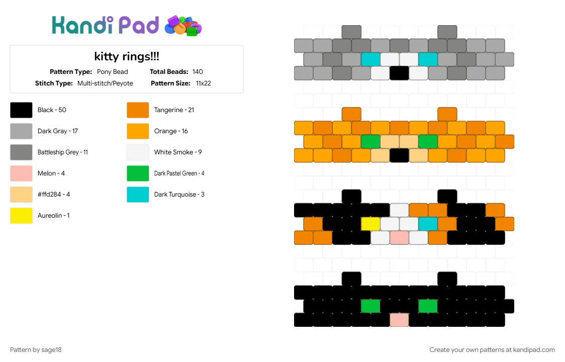 kitty rings!!! - Pony Bead Pattern by sage18 on Kandi Pad - beige, calico cat, cat, cute, grey tabby cat, kitty, orange, orange tabby cat, ring, tabby cat