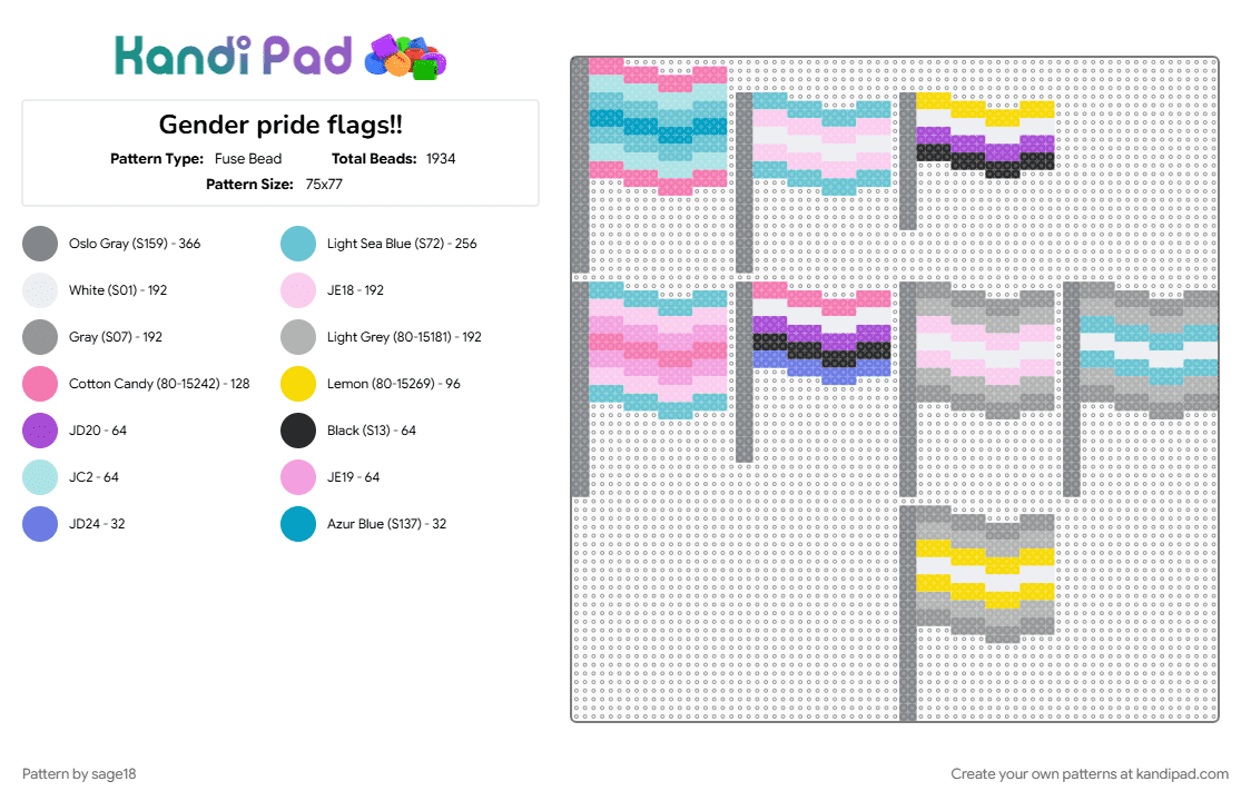 Gender pride flags!! - Fuse Bead Pattern by sage18 on Kandi Pad - demiboy, demigender, demigirl, gender expression, genderfluid, gray, light blue, nonbinary, pink, pride flag, transgender
