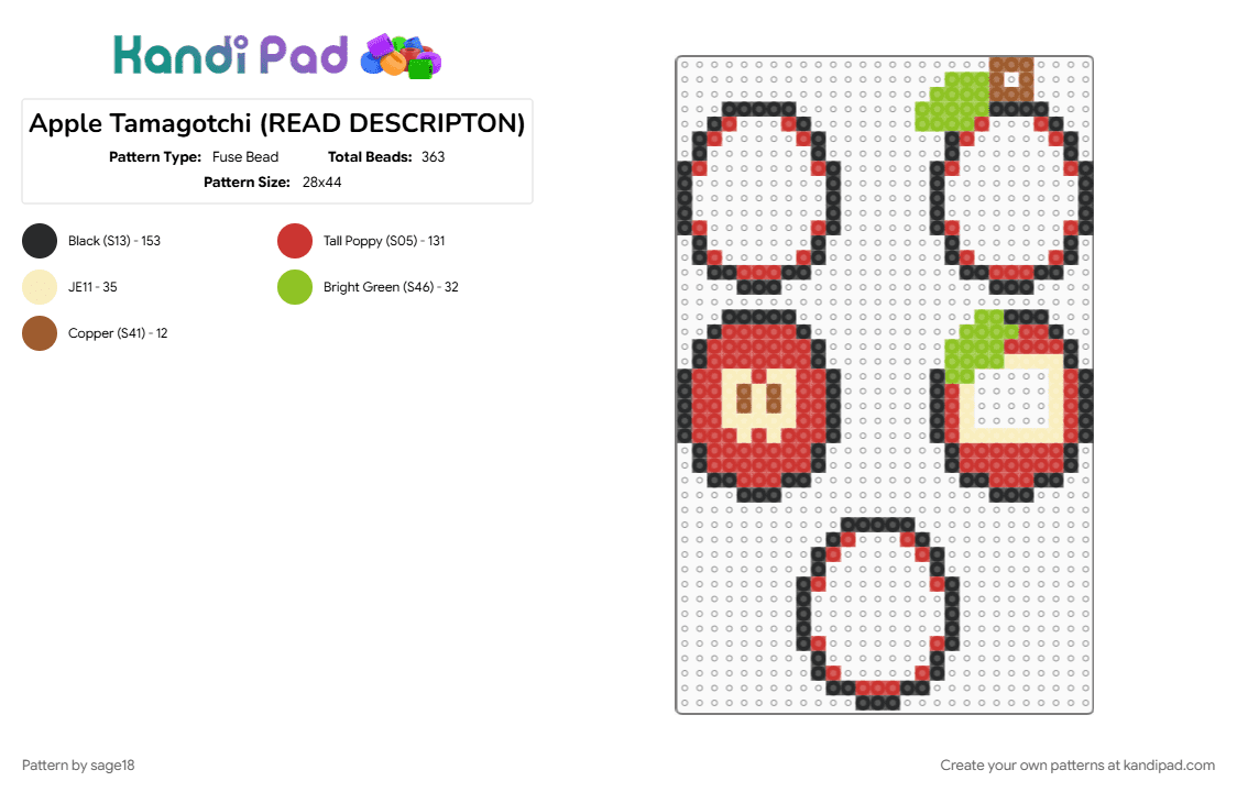Apple Tamagotchi (READ DESCRIPTON) - Fuse Bead Pattern by sage18 on Kandi Pad - apple, cute, fruit, red, tamagotchi