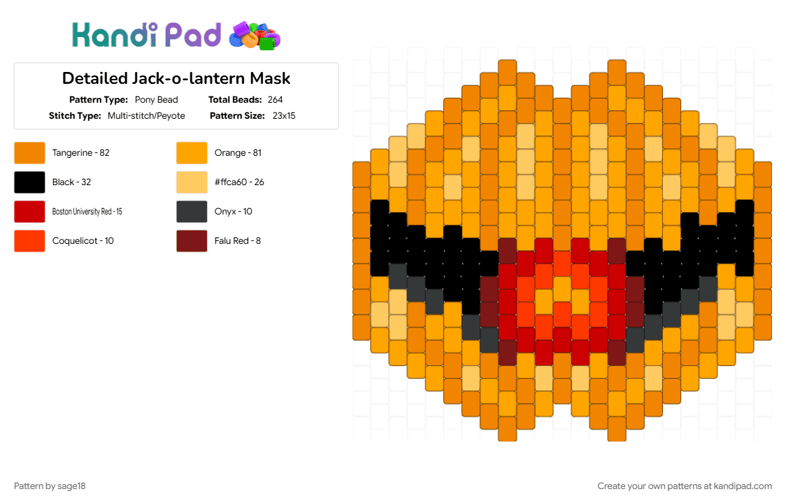 Detailed Jack-o-lantern Mask - Pony Bead Pattern by sage18 on Kandi Pad - fire, halloween, jack o lantern, mask, orange, pumkin, spooky