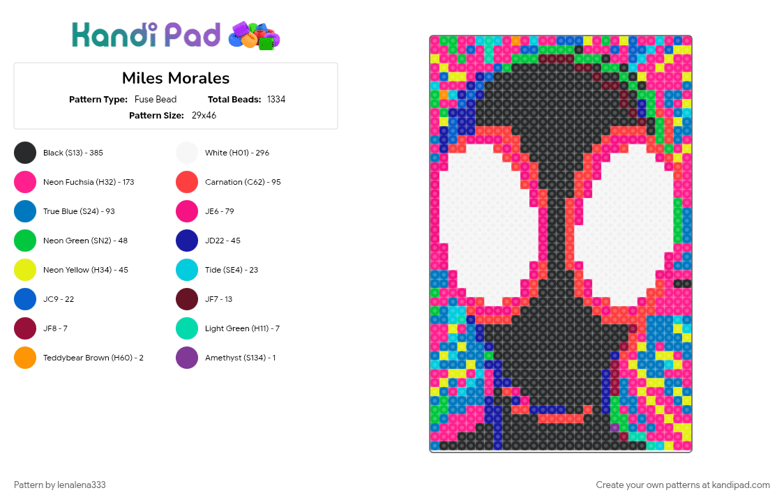Miles Morales - Fuse Bead Pattern by lenalena333 on Kandi Pad - black and white, blue, comic, marvel, miles, miles morales, pink, red, spider man, spiderman, spiderweb