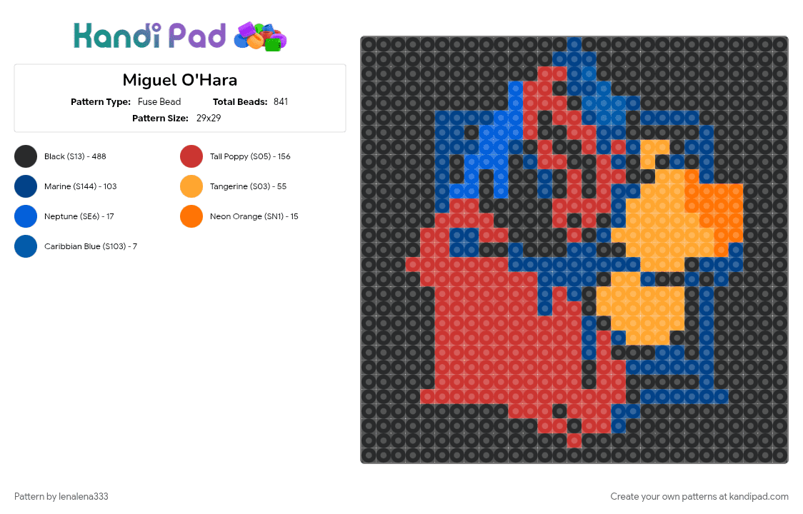 Miguel O\'Hara - Fuse Bead Pattern by lenalena333 on Kandi Pad - black, black and red, blue, light blue, orang, oranges, red, spider man, spider web, spiderman, yello