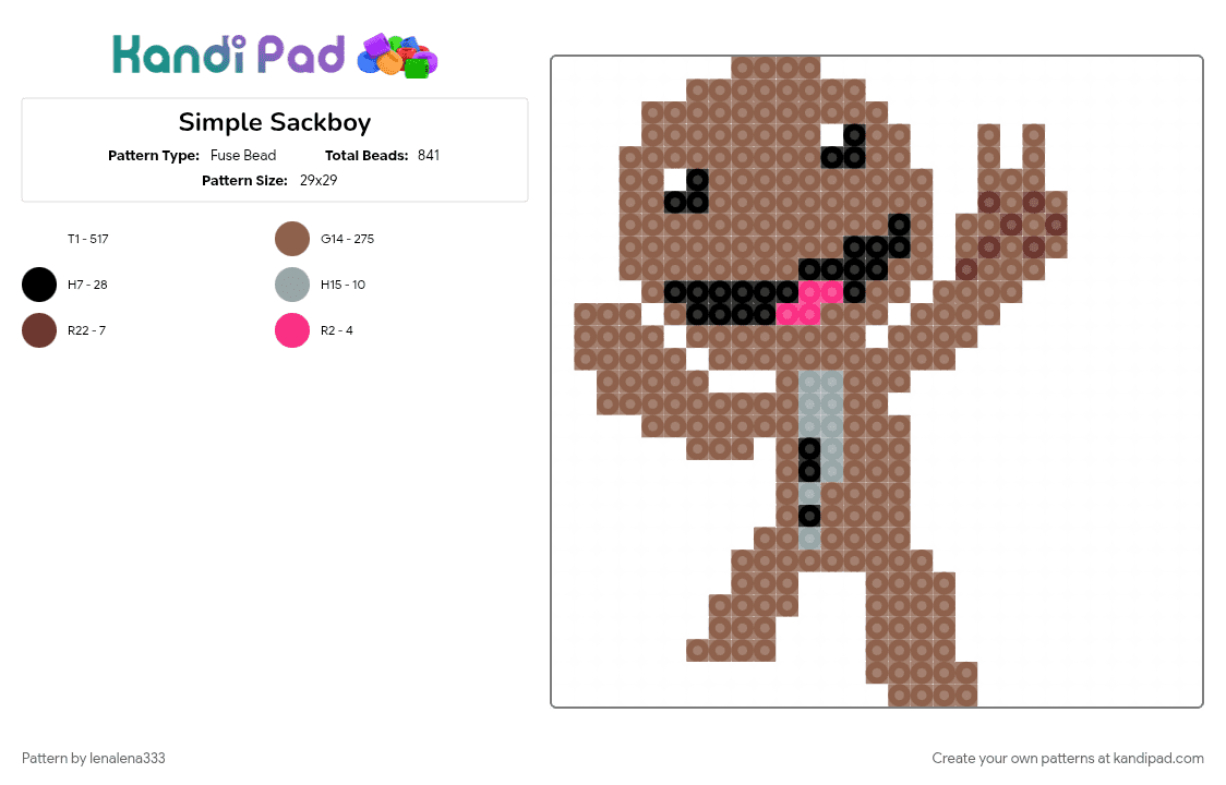 Simple Sackboy - Fuse Bead Pattern by lenalena333 on Kandi Pad - 