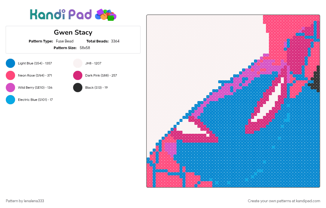 Gwen Stacy - Fuse Bead Pattern by lenalena333 on Kandi Pad - blue, cartoon, comic, fuse perler bead pattern, fusebead, marvel, pink and blue, purples, spiderman