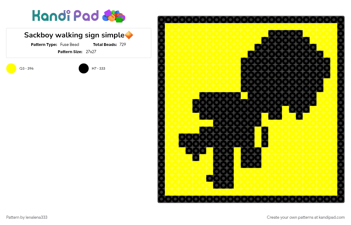 Sackboy walking sign simple🔶️ - Fuse Bead Pattern by lenalena333 on Kandi Pad - black, black and white, game, games, lbp, sack boy, sign, simple design, yello, yellow