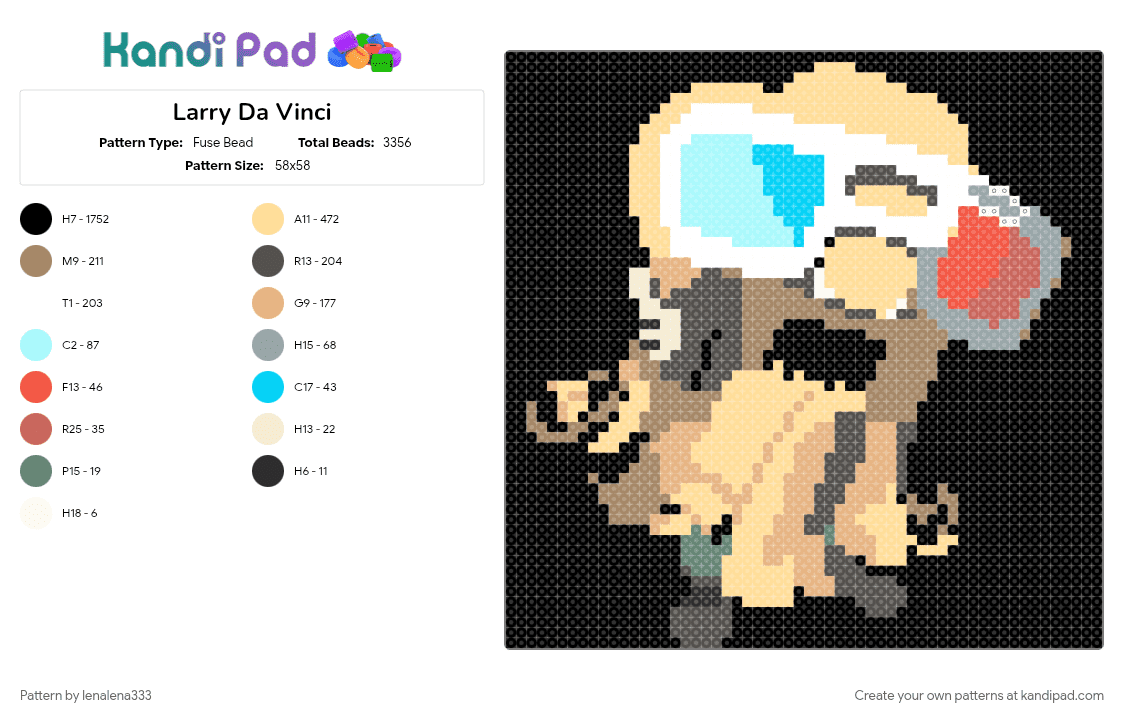 Larry Da Vinci - Fuse Bead Pattern by lenalena333 on Kandi Pad - beadpattern, black, character, game, gray, huge, lbp, perler bead, ps3, tan, video game, yellow