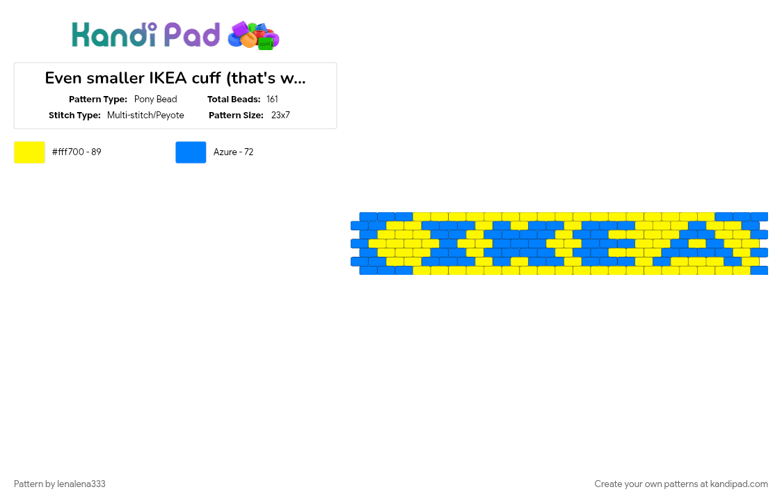 Even smaller IKEA cuff (that\'s why I remixed it twice) - Pony Bead Pattern by lenalena333 on Kandi Pad - blue, cuff pattern, cuffs, ikea, kandi cuff, light blue, pony bead, ponybeads, yello, yellow