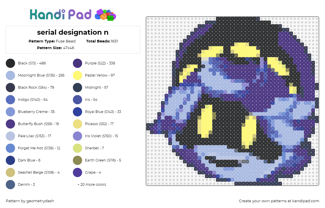 serial designation n - Fuse Bead Pattern by geometrydash on Kandi Pad - serial designation,n,murder drones,character,tv show,horror,animation,purple,bla