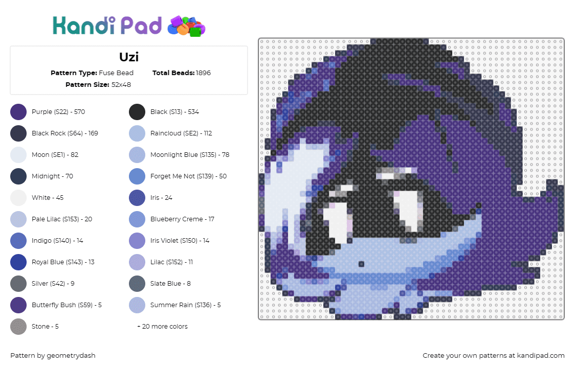 Uzi - Fuse Bead Pattern by geometrydash on Kandi Pad - uzi doorman,murder drones,character,tv show,horror,animation,purple,black