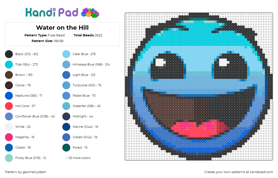 Water on the Hill - Fuse Bead Pattern by geometrydash on Kandi Pad - geometry dash,smiley,water on the hill,video game,happy,character,blue