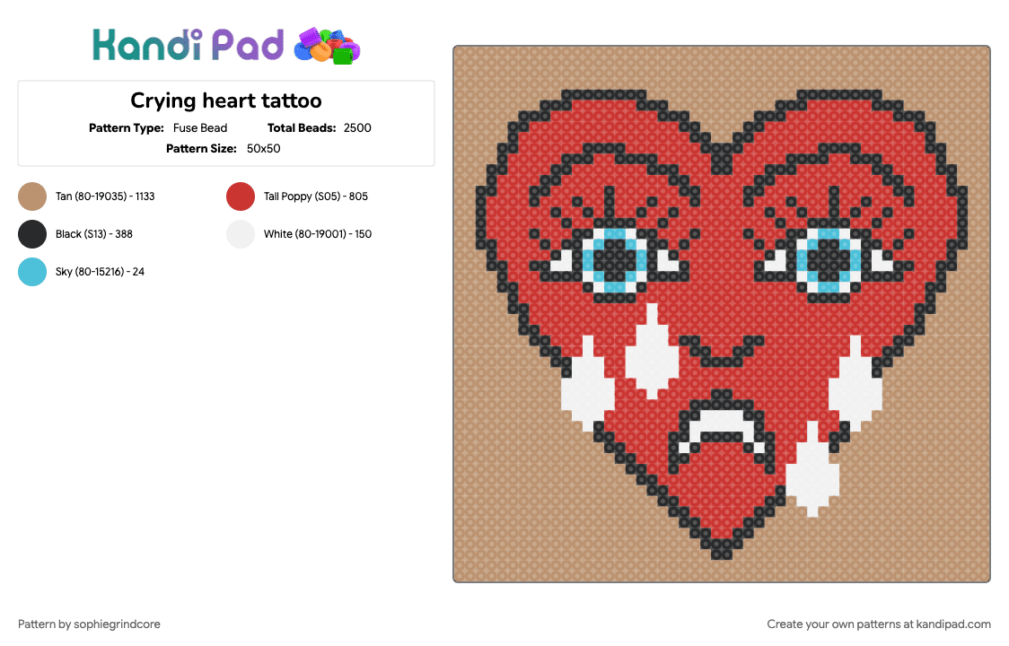 Crying heart tattoo - Fuse Bead Pattern by sophiegrindcore on Kandi Pad - beige, cry, heart, hearts, love, oldschool, red, retro, tattoo