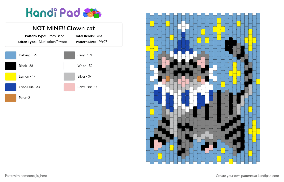 NOT MINE!! Clown cat - Pony Bead Pattern by someone_is_here on Kandi Pad - blue, cat, gray, light blue, tripes