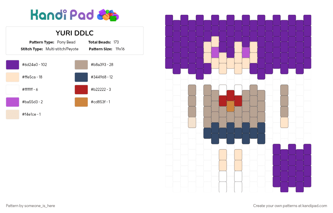 YURI DDLC - Pony Bead Pattern by someone_is_here on Kandi Pad - beige, ddlc, ddlc yuri, doki doki, purple, school, yuri