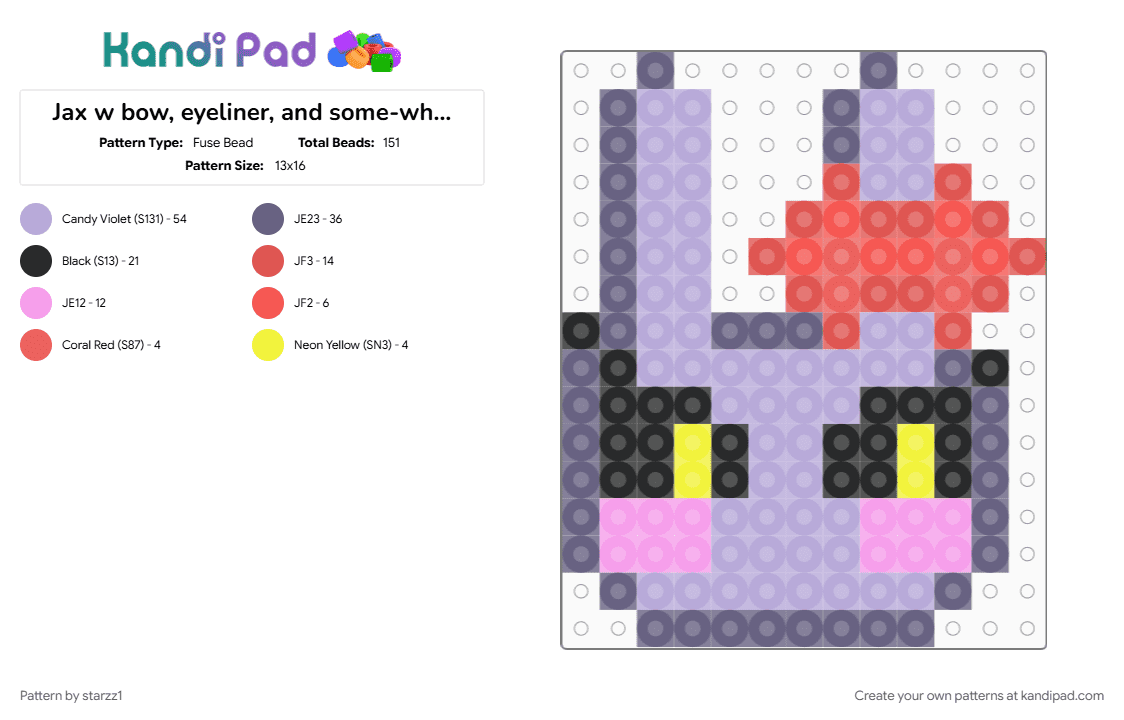 Jax w bow, eyeliner, and some-what blush! - Fuse Bead Pattern by starzz1 on Kandi Pad - gray, jax, pink, tadc
