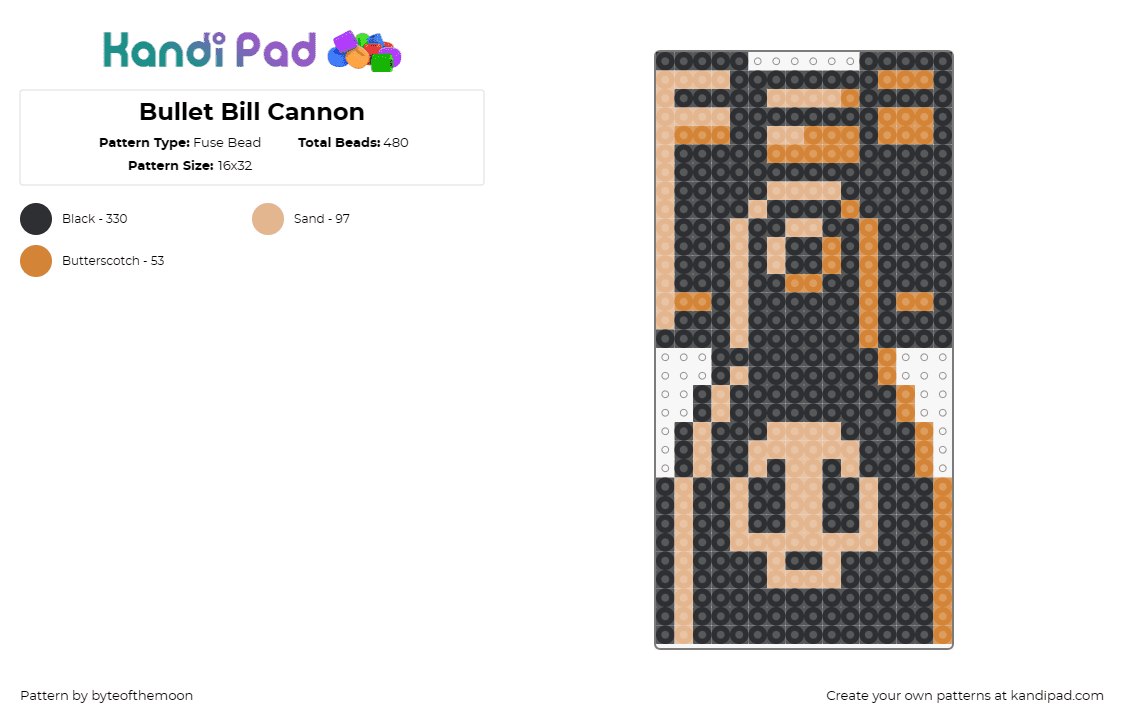 Bullet Bill Cannon - Fuse Bead Pattern by byteofthemoon on Kandi Pad - bullet bill,cannon,mario,nintendo,video game,classic,black,tan