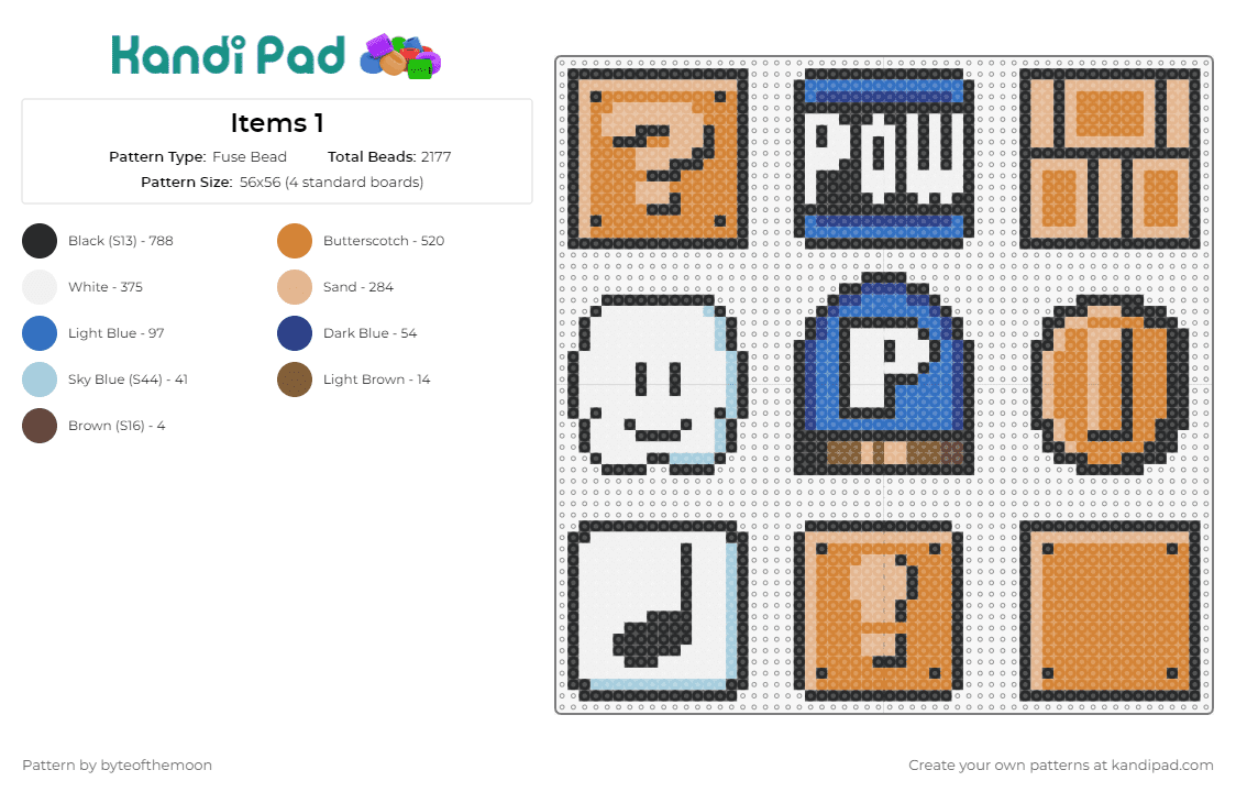 Items 1 - Fuse Bead Pattern by byteofthemoon on Kandi Pad - coin,block,mario,cloud,music note,nintendo,video game,white,orange,tan,blue