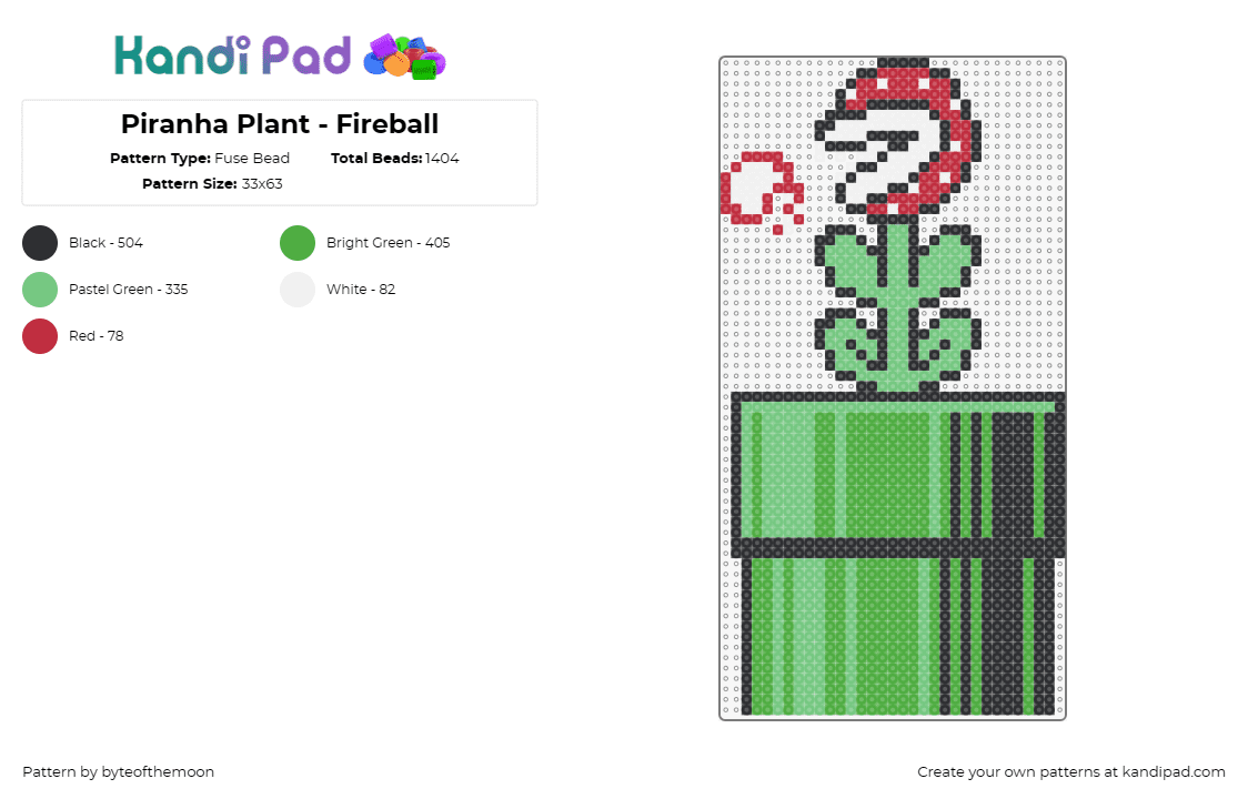 Piranha Plant - Fireball - Fuse Bead Pattern by byteofthemoon on Kandi Pad - piranha plant,pipe,mario,nintendo,video game,classic,green,red