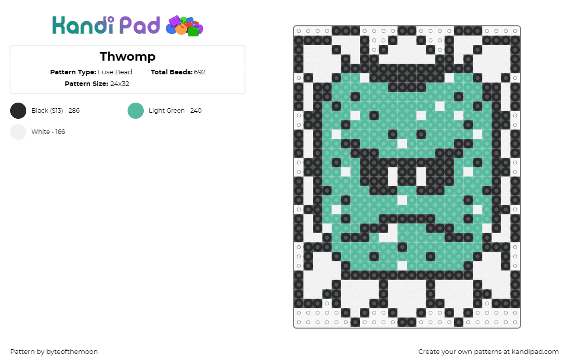 Thwomp - Fuse Bead Pattern by byteofthemoon on Kandi Pad - thwomp,mario,nintendo,video game,classic,white,teal