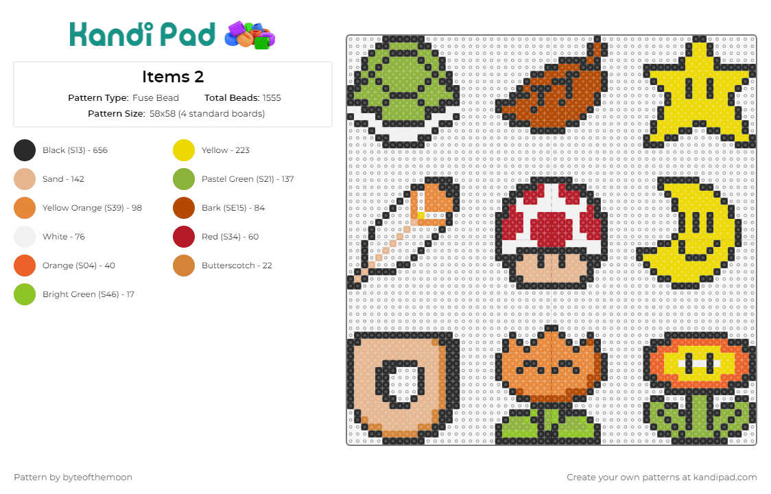 Items 2 - Fuse Bead Pattern by byteofthemoon on Kandi Pad - shell,feather,mario,leaf,flower,star,moon,nintendo,video game,yellow,orange,tan,green