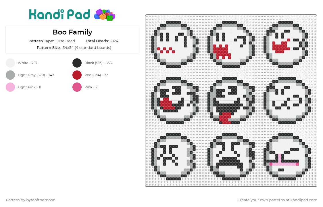 Boo Family - Fuse Bead Pattern by byteofthemoon on Kandi Pad - boo,ghost,mario,nintendo,face,character,cute,spooky,video game,white,black,red
