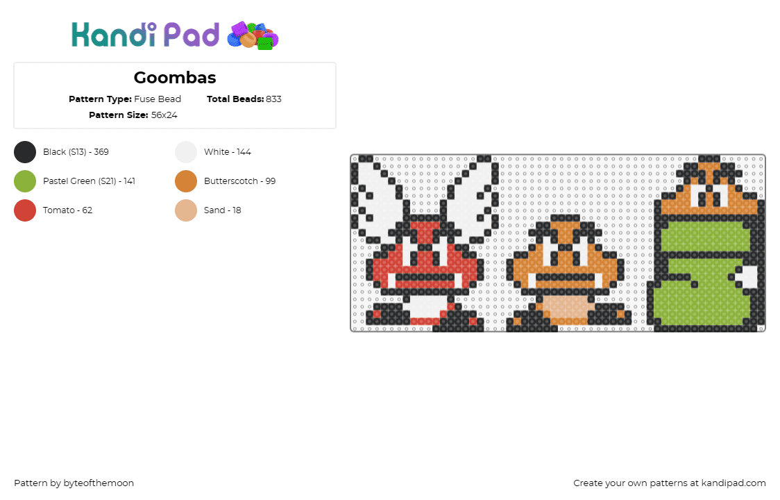 Goombas - Fuse Bead Pattern by byteofthemoon on Kandi Pad - goomba,mario,nintendo,winged,boot,character,video game,brown,tan,green