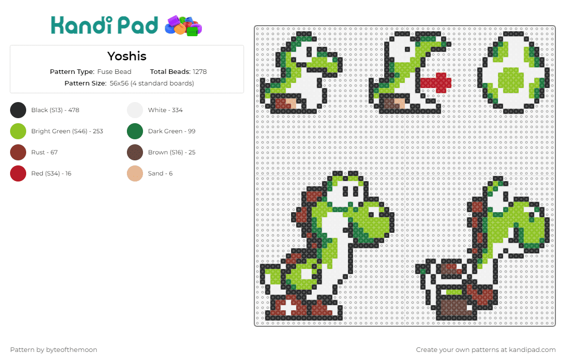 Yoshis - Fuse Bead Pattern by byteofthemoon on Kandi Pad - yoshi,mario,egg,dinosaur,nintendo,character,cute,green,white