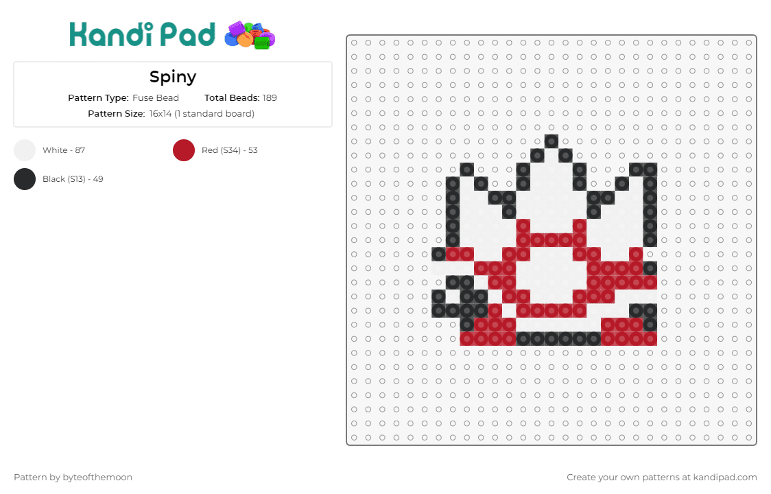 Spiny - Fuse Bead Pattern by byteofthemoon on Kandi Pad - spiny,shell,mario,turtle,nintendo,character,video game,spikes,red,white