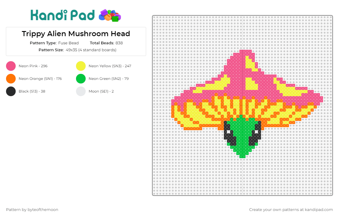 Trippy Alien Mushroom Head - Fuse Bead Pattern by byteofthemoon on Kandi Pad - lsdream,alien,mushroom,psychedelic,character,dj,music,edm,pink,yellow,green