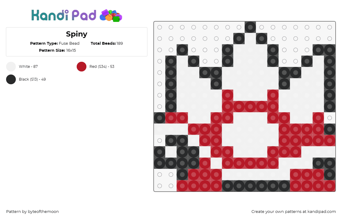 Spiny - Fuse Bead Pattern by byteofthemoon on Kandi Pad - spiny,shell,mario,turtle,nintendo,character,video game,spikes,red,white