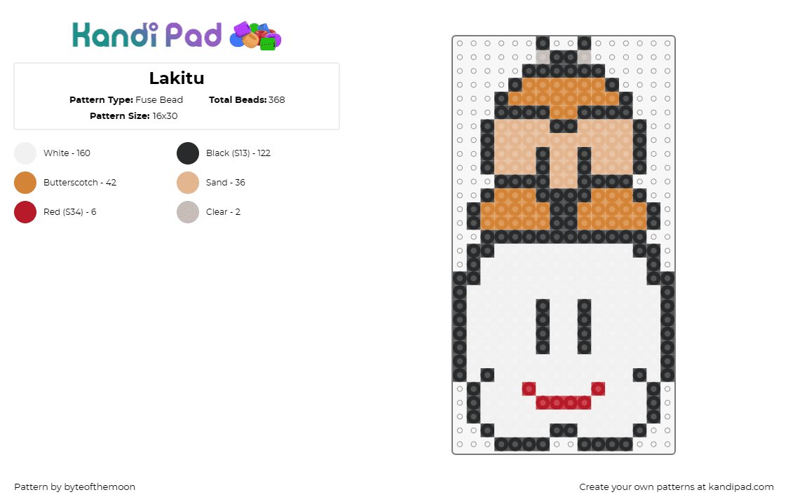 Lakitu - Fuse Bead Pattern by byteofthemoon on Kandi Pad - lakitu,cloud,mario,nintendo,face,video game,classic,orange,white