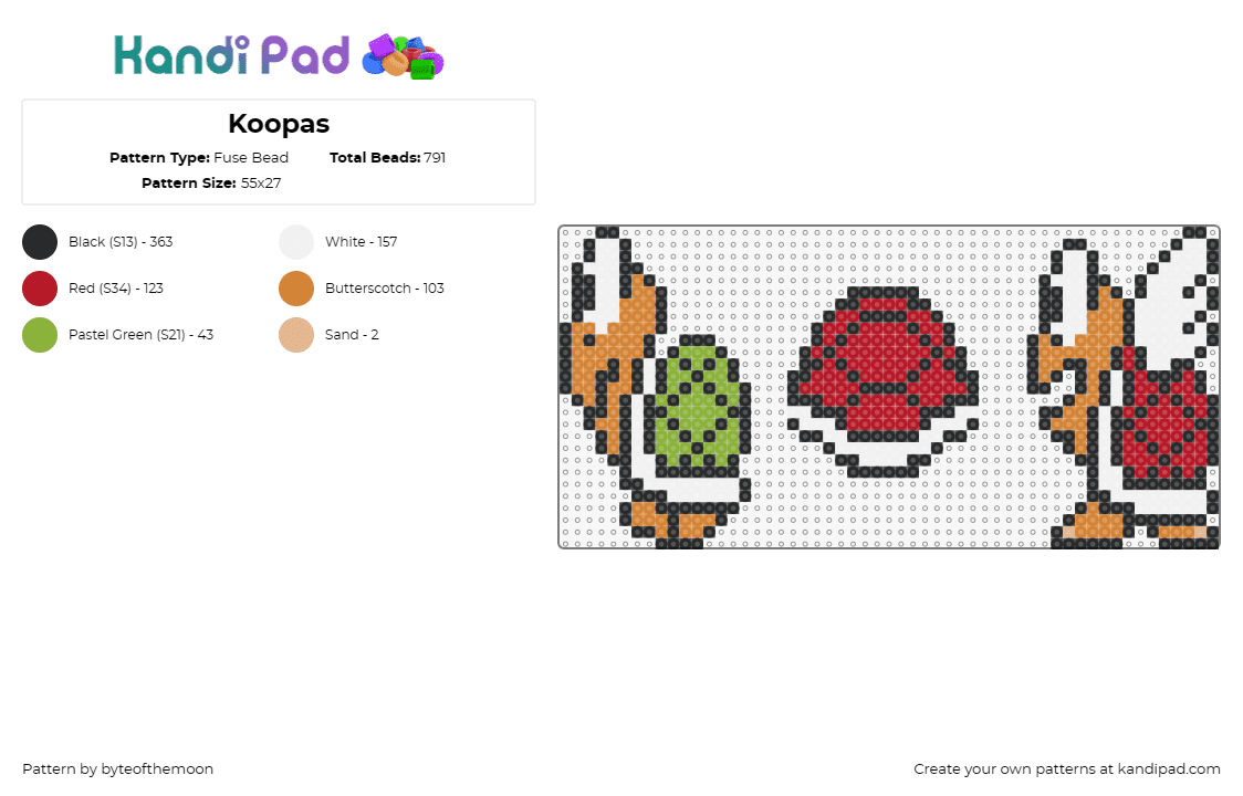 Koopas - Fuse Bead Pattern by byteofthemoon on Kandi Pad - koopa,shell,mario,nintendo,turtle,winged,character,video game,red,green,white,or