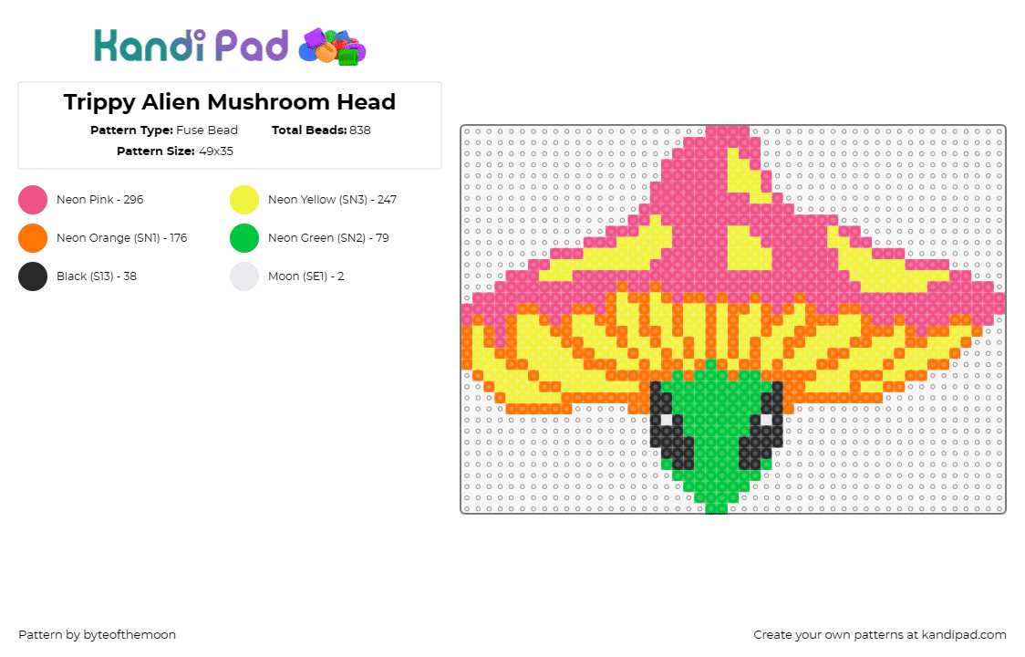 Trippy Alien Mushroom Head - Fuse Bead Pattern by byteofthemoon on Kandi Pad - lsdream,alien,mushroom,psychedelic,character,dj,music,edm,pink,yellow,green