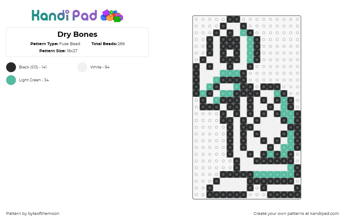 Dry Bones - Fuse Bead Pattern by byteofthemoon on Kandi Pad - dry bones,skeleton,mario,nintendo,turtle,video game,classic,white