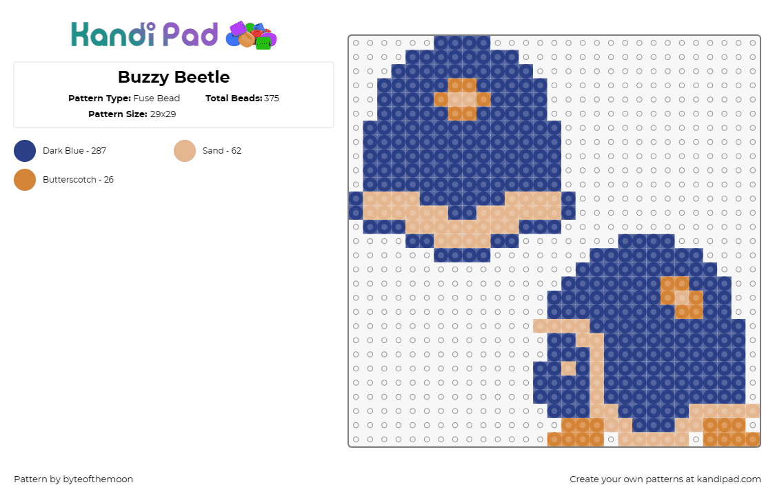 Buzzy Beetle - Fuse Bead Pattern by byteofthemoon on Kandi Pad - buzzy beetle,mario,nintendo,shell,video game,classic,blue,tan