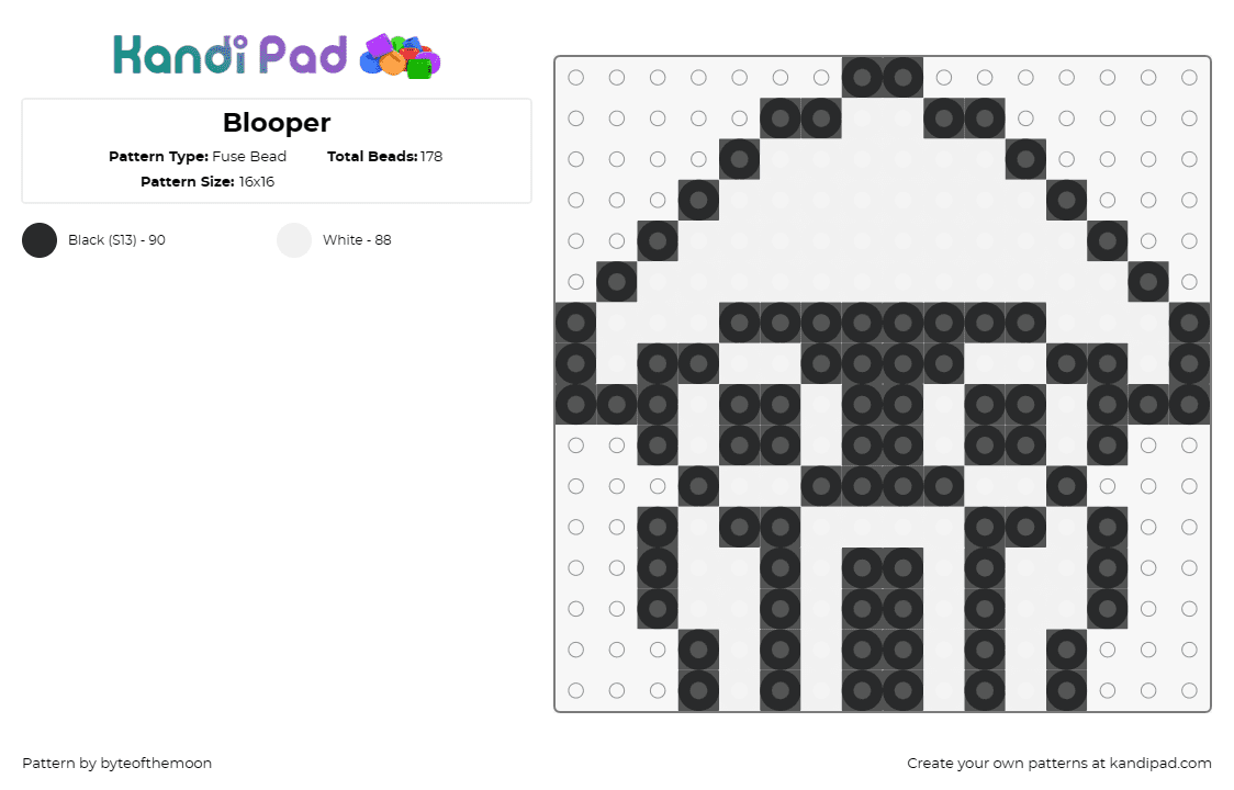 Blooper - Fuse Bead Pattern by byteofthemoon on Kandi Pad - blooper,squid,mario,nintendo,video game,classic,black,white